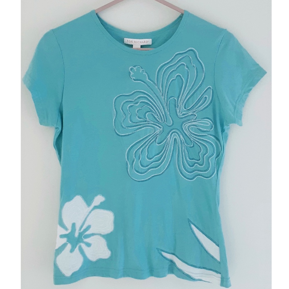 NWT Tori Richard Blue Floral Embroidered Shirt S